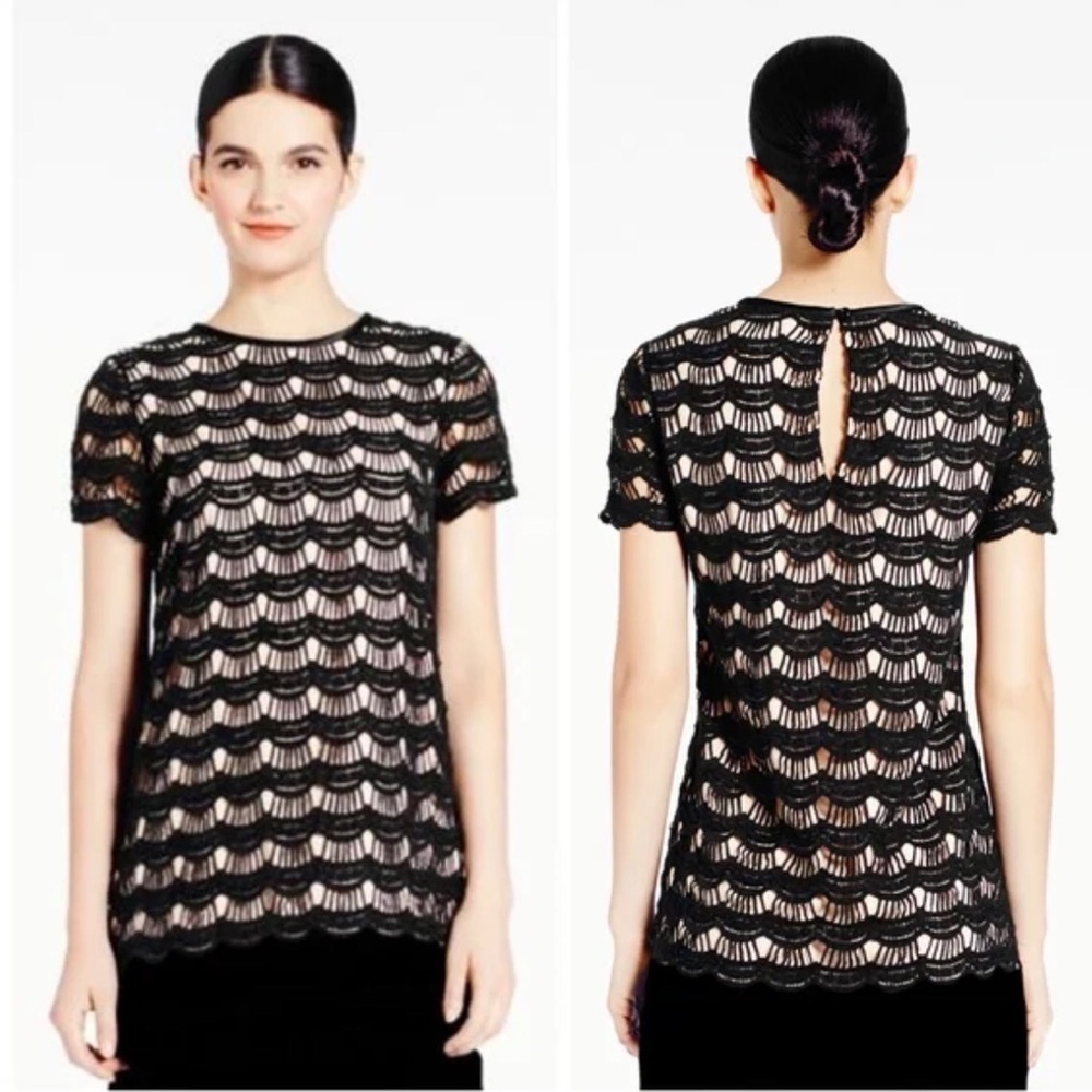 NWT! Kate Spade Scalloped Lace Elegant Black Short Sleeve Top Size 12